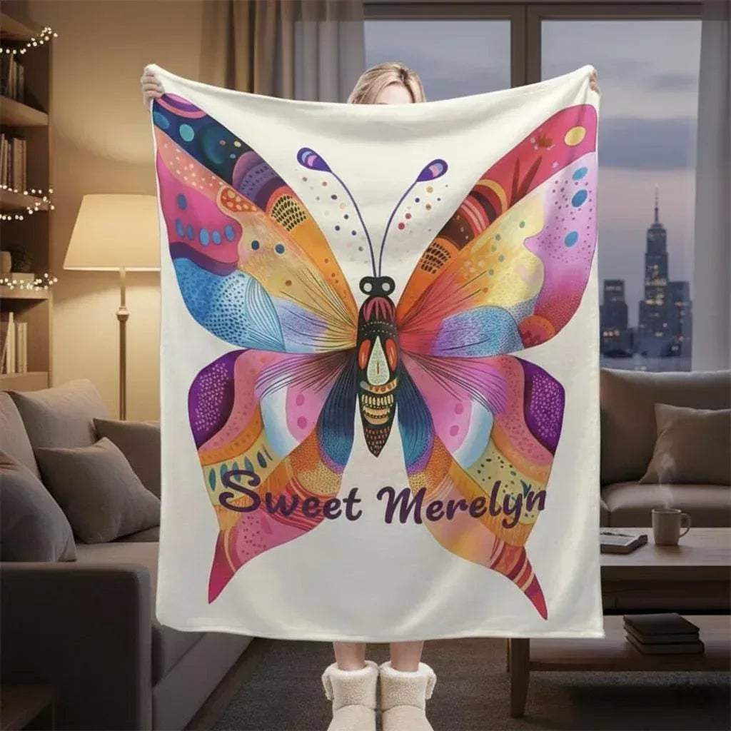 Personalized Butterfly Blanket | Custom Name | Vibrant Colorful Butterfly Wings Purple Script Flannel Fleece Throw Gift