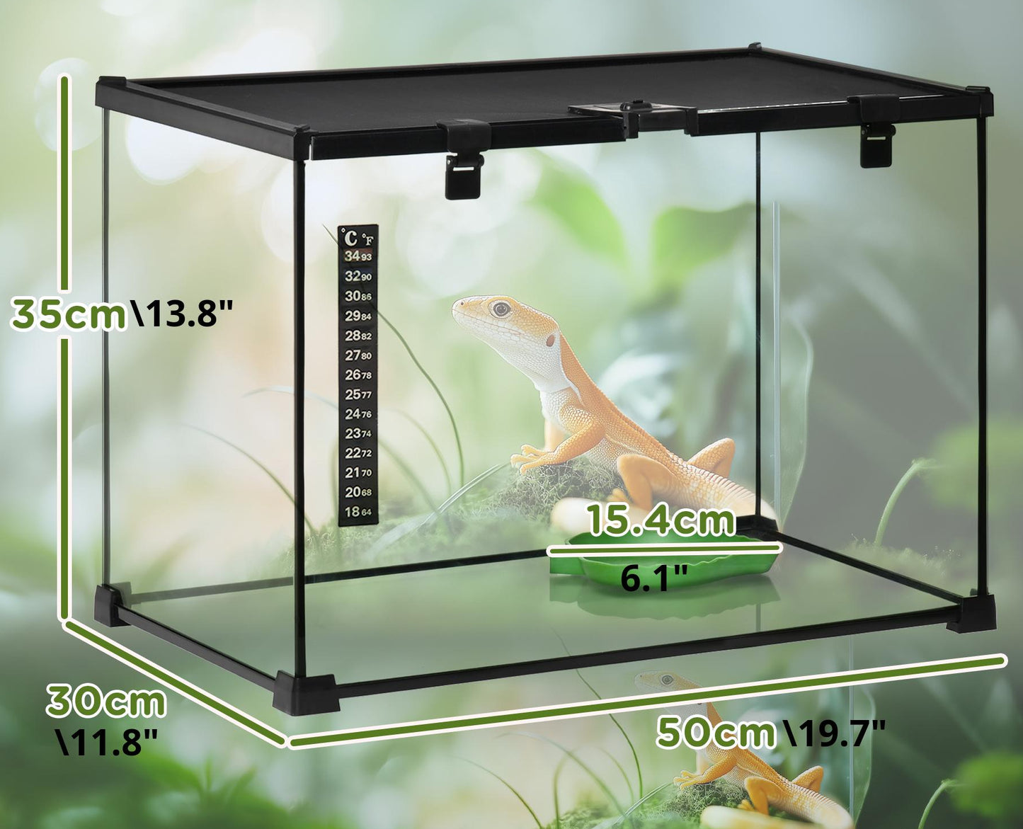 Black plastic reptile terrarium with a glass front panel, shown with overlaid dimensions (35cm height, 30cm width, 50cm depth) and a small gecko inside on a mossy substrate against a blurred green background.