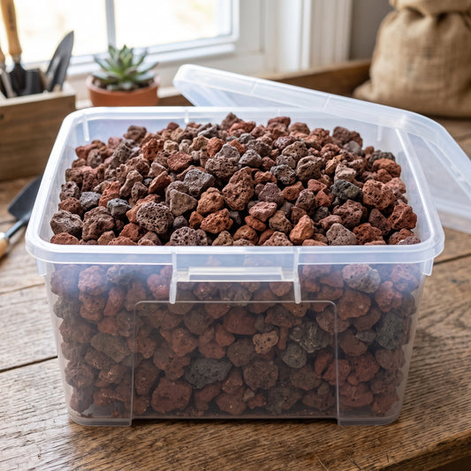 A clear plastic storage container filled with reddish-brown lava rocks, shown on a wooden table with a window and small plant in the background.