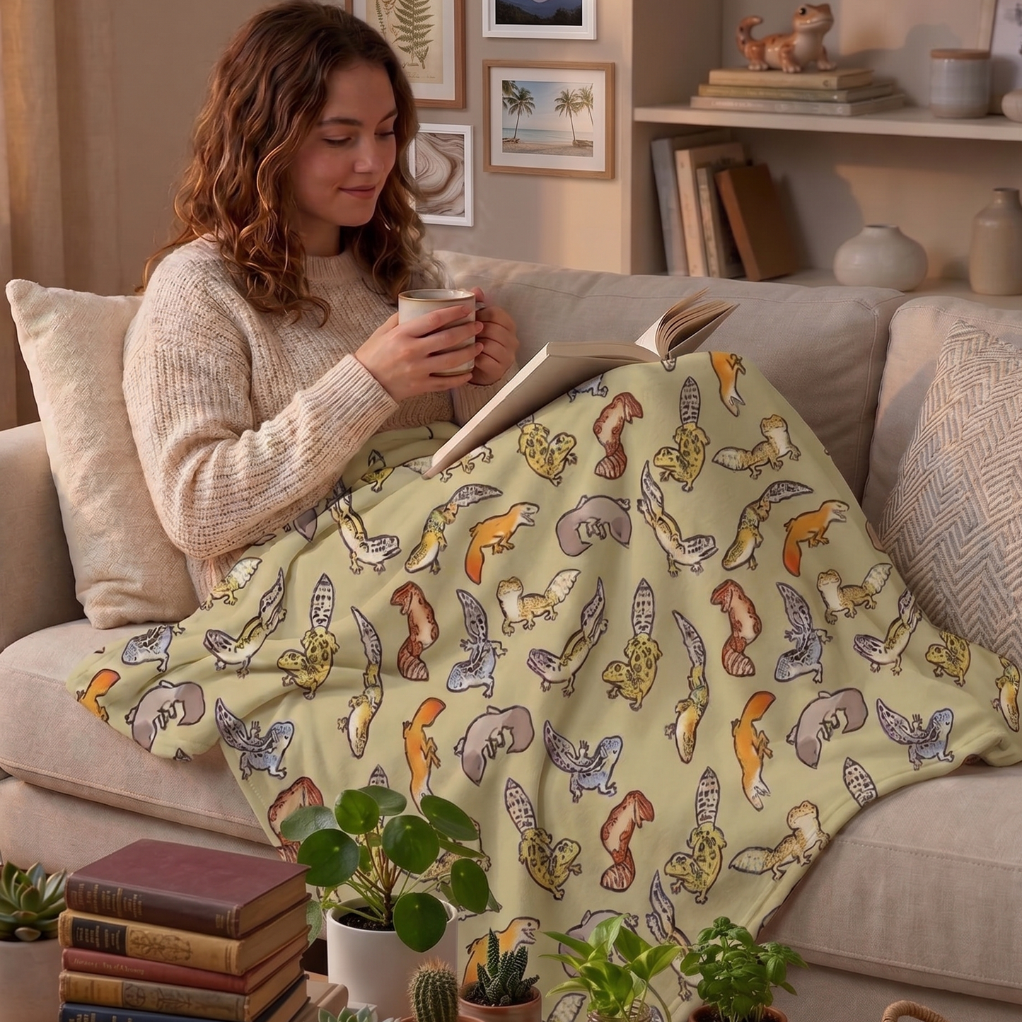 A woman sits on a beige couch in a cozy living room, wrapped in a light yellow blanket printed with colorful illustrated leopard geckos. She holds a mug and an open book.