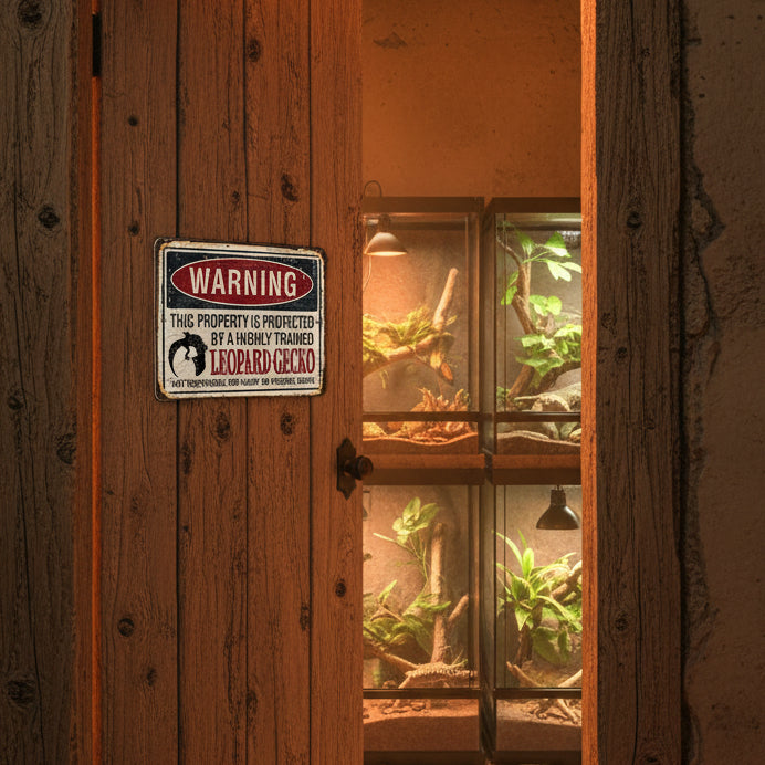 Vintage-style metal sign with a warning message about a highly trained leopard Gecko.