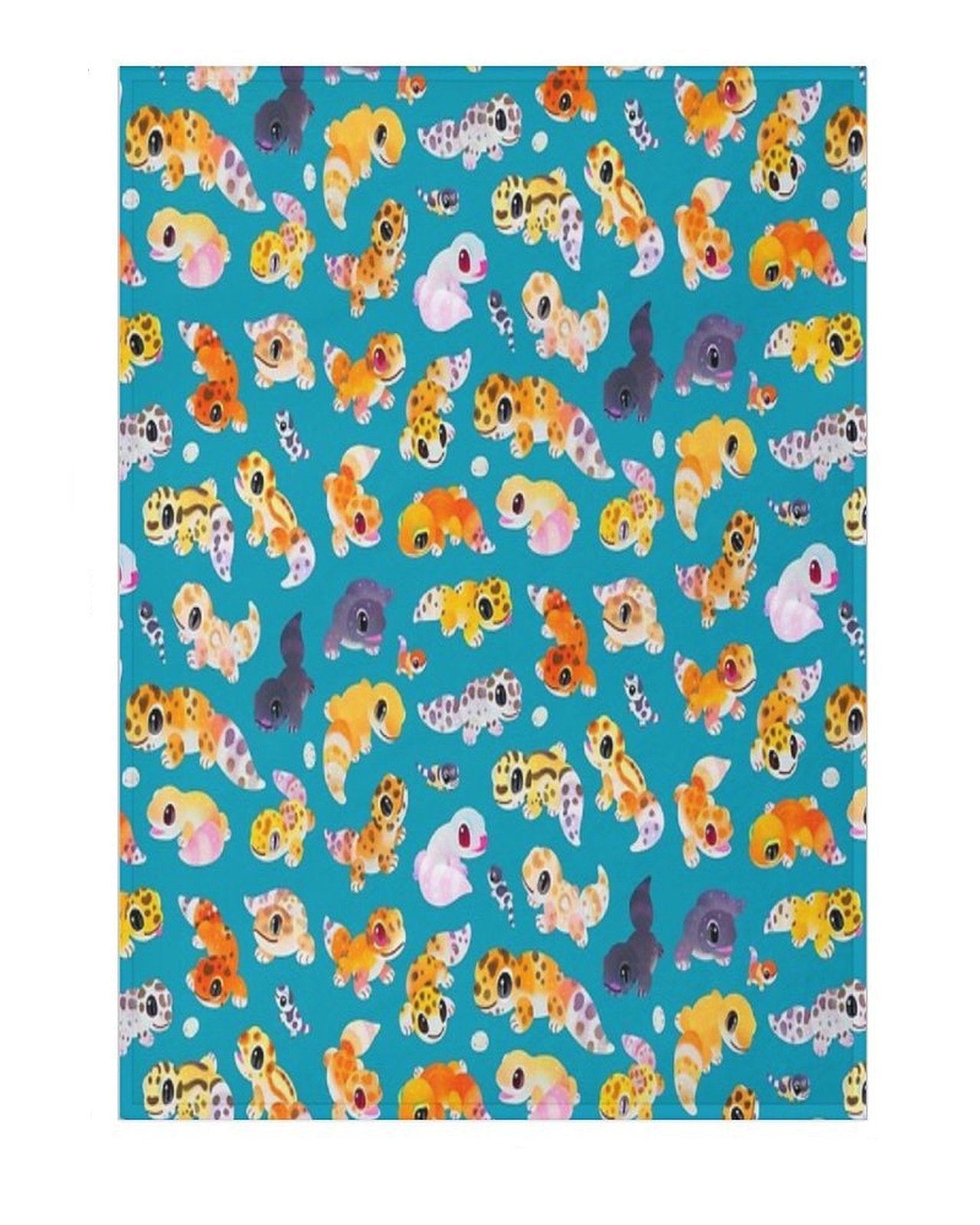 a blue blanket featuring a leopard gecko design