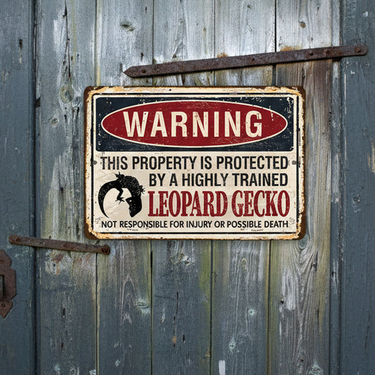 Vintage-style warning sign about a highly trained leopard gecko on a rustic wooden background.