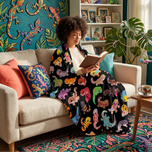A person sits on a cream sofa in a colorful living room, wrapped in a black blanket featuring a vibrant multicolor gecko pattern. The room has a teal wall with lizard art, a bookshelf, and tropical plants.