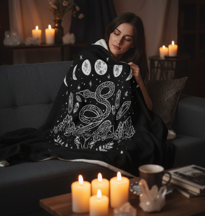 Moon Phases, Snakes, and Crystals Throw Blanket