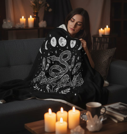 Moon Phases, Snakes, and Crystals Throw Blanket
