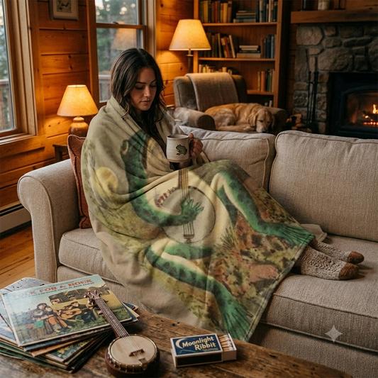 A woman sits on a beige couch in a cozy rustic living room, wrapped in a large printed blanket featuring a green frog playing a banjo in the moonlight. She holds a mug, with a book, banjo, and matchbox on the wooden coffee table in the foreground.