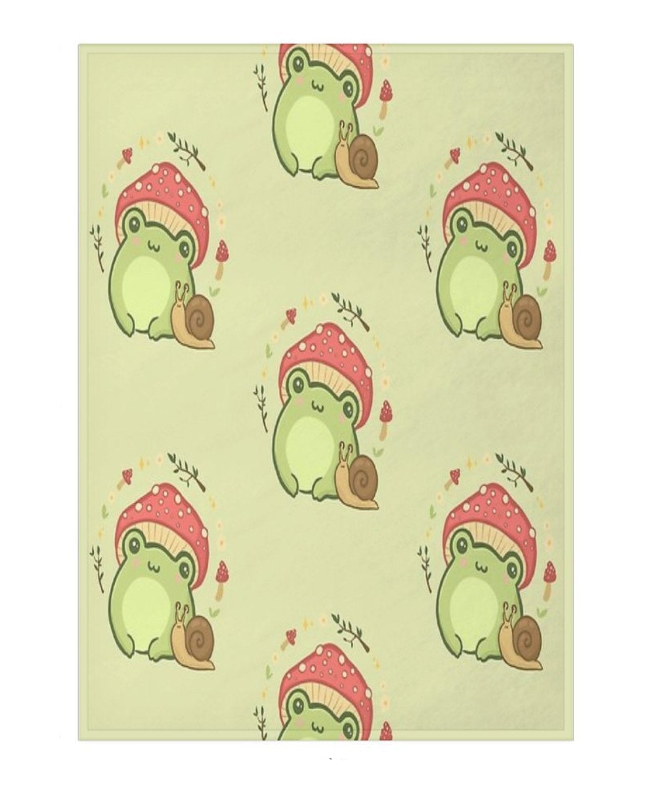 a blanket with a repeating cartoon frog pattern wearing a red mushroom hat and holding a snail, on a pale yellow-green base.