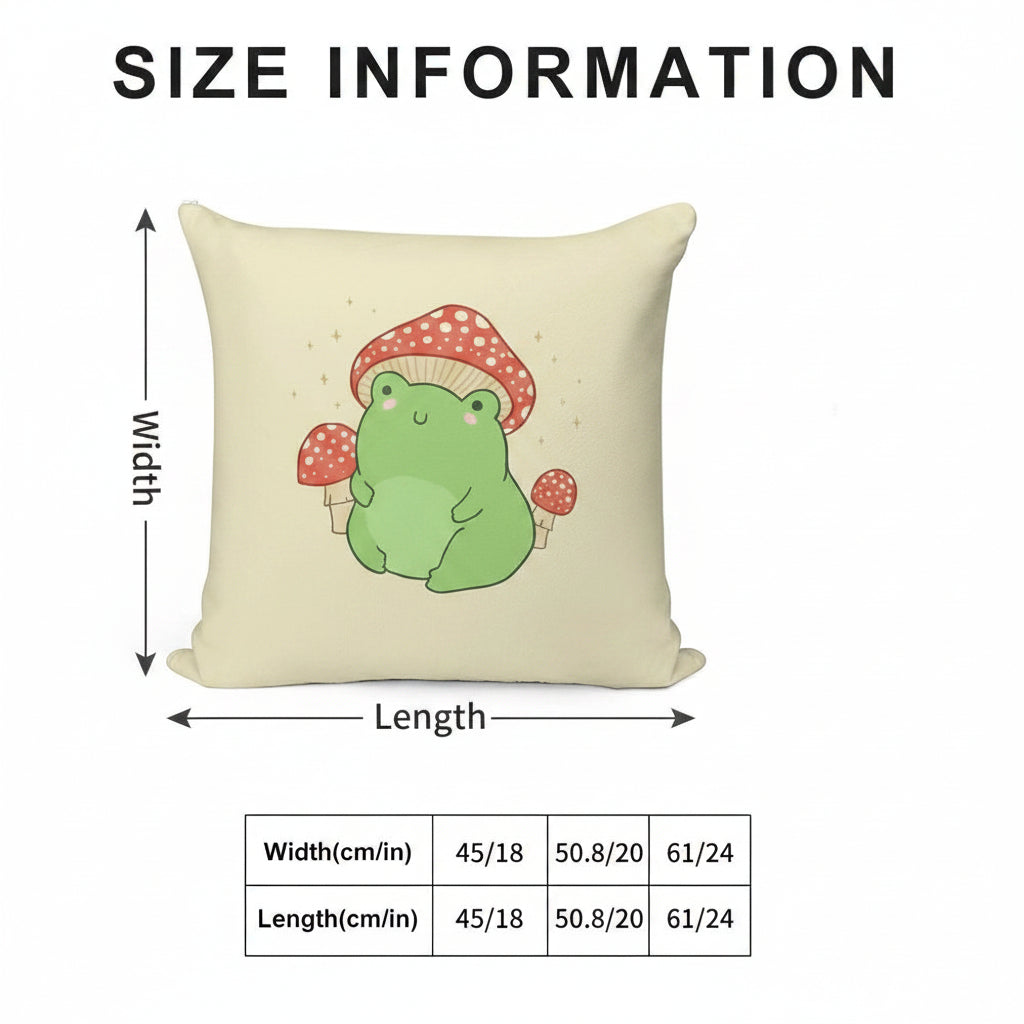 Size information graphic for a square throw pillow. The pillow is shown with a printed green frog wearing red-and-white mushrooms on a cream background.