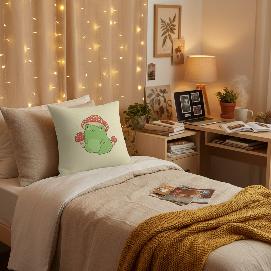 A square cream-colored throw pillow featuring a cute cartoon frog wearing a red-and-white spotted mushroom cap