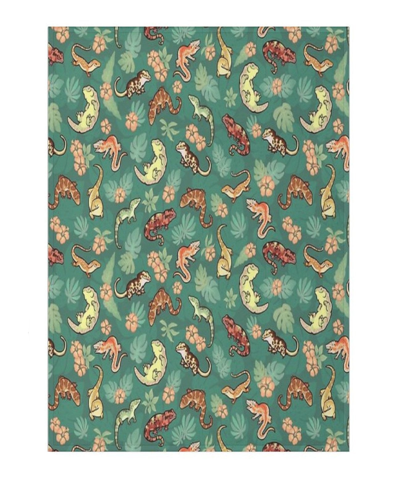 a teal green blanket with a pattern of new caledonian geckos and tropical flowers
