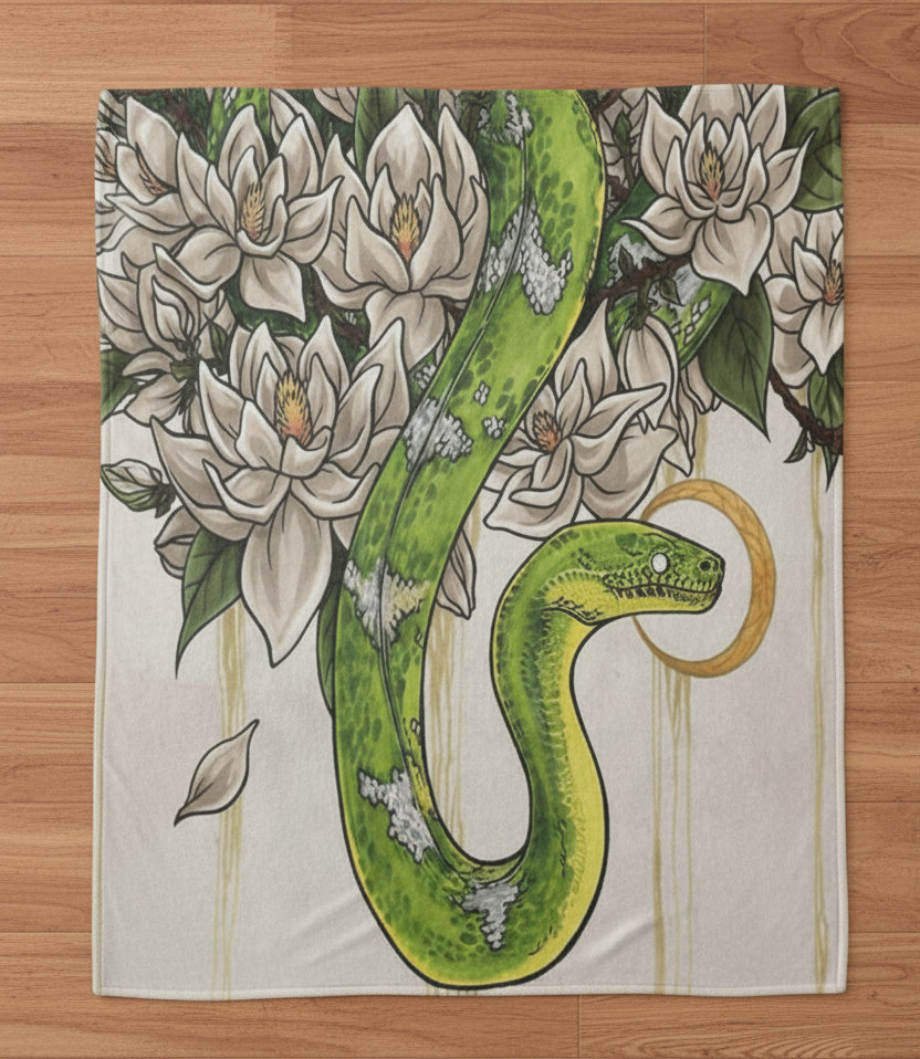 Green Tree Python & White Magnolias Throw Blanket