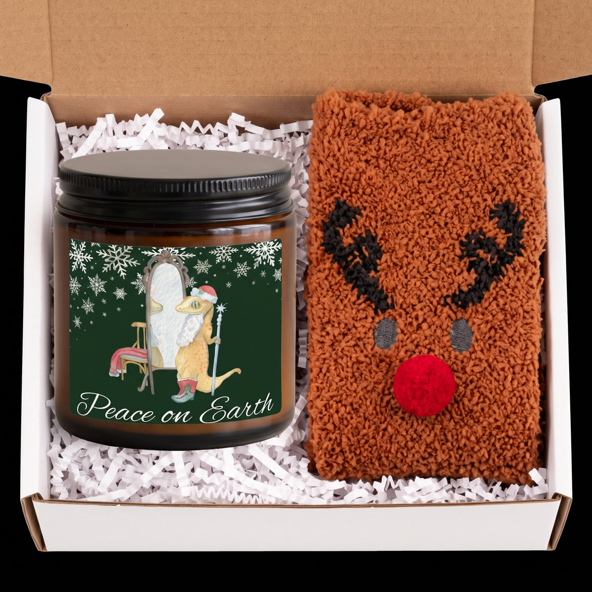 “Peace on Earth” Crested Gecko Soy Candle & Reindeer Socks Gift Set