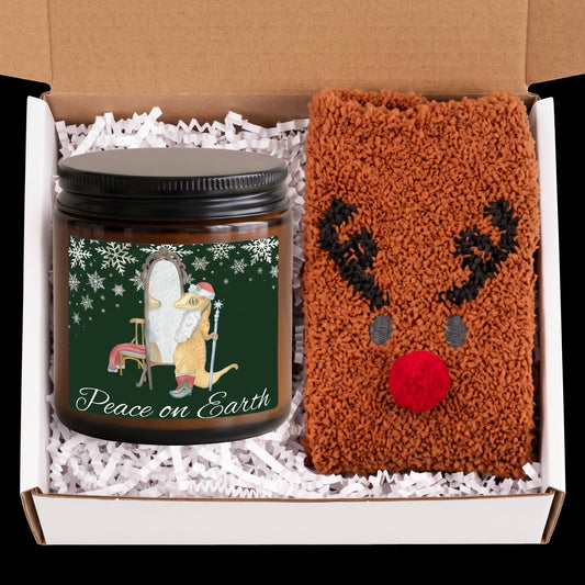 “Peace on Earth” Crested Gecko Soy Candle & Reindeer Socks Gift Set