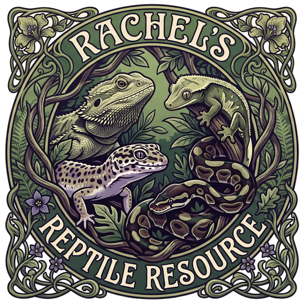 A decorative logo or emblem reading “RACHEL’S REPTILE RESOURCE,” featuring illustrated reptiles and foliage in an ornate circular frame on a white background.