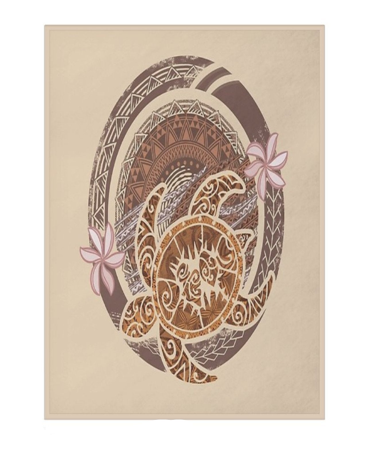Decorative blanket with a circular design featuring a turtle and floral elements on a beige background