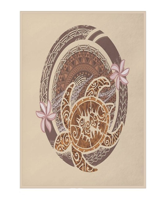 Decorative blanket with a circular design featuring a turtle and floral elements on a beige background