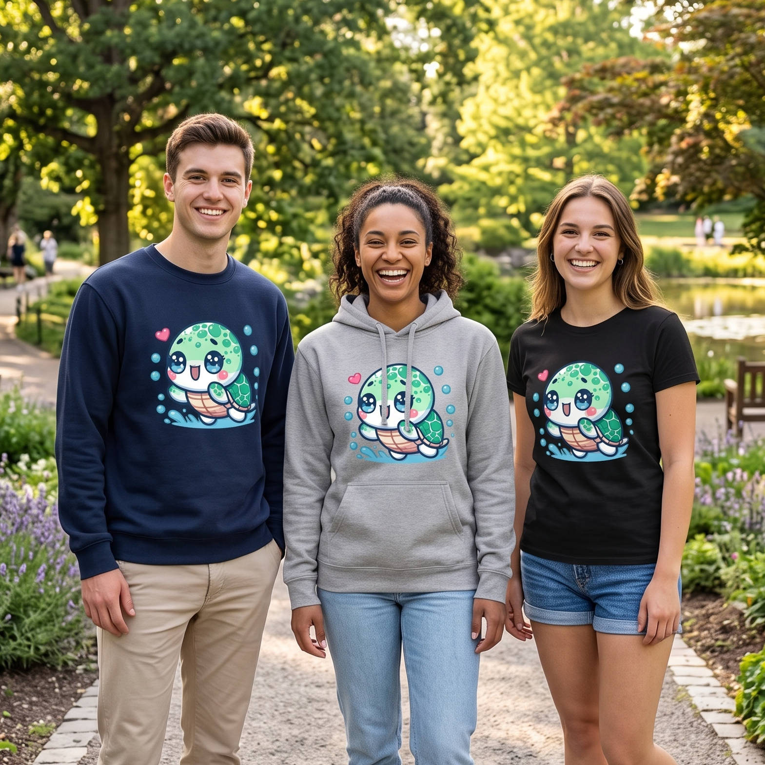 Three young adults walking together on a park path wearing matching graphic apparel: a navy sweatshirt, a heather gray hoodie, and a black T-shirt, each featuring a large cartoon turtle graphic on the chest.