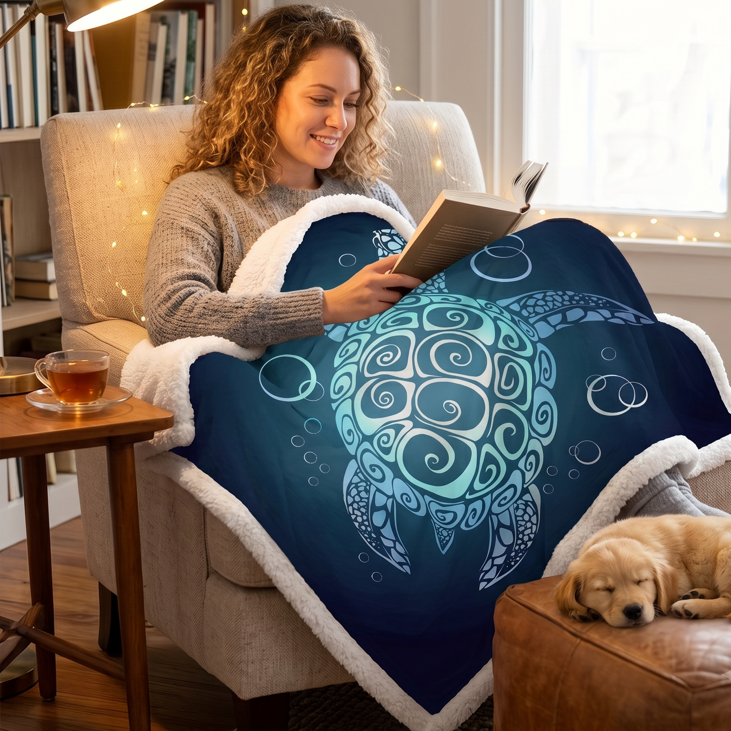 A cozy living room scene with a woman reading in an armchair while wrapped in a navy blue turtle-patterned blanket with white sherpa trim. A golden retriever puppy is sleeping on a brown leather ottoman nearby.