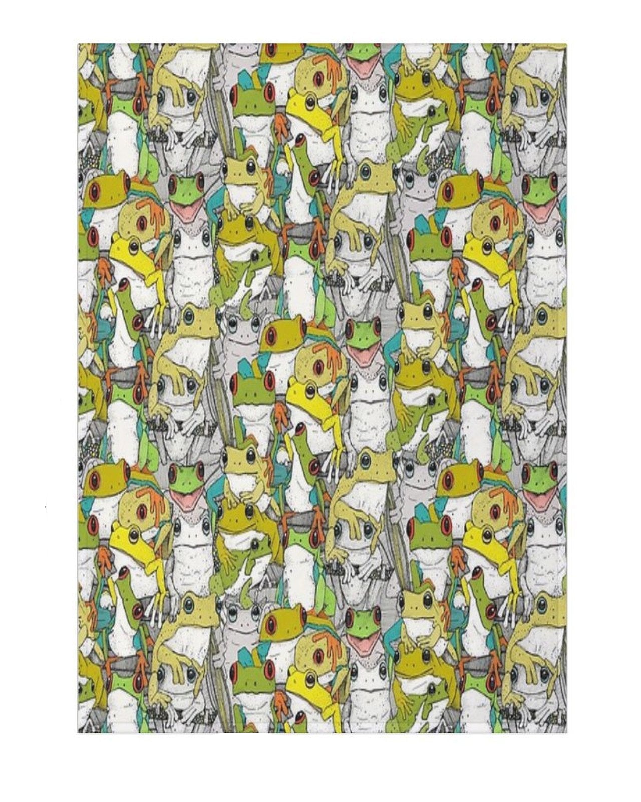 A rectangular fabric or wallpaper sample shown on a white background with dimension markers indicating 30 inches wide and 40 inches tall. The surface features an all-over illustrated pattern of cartoon frogs in green, yellow, orange, and white with black outlines.