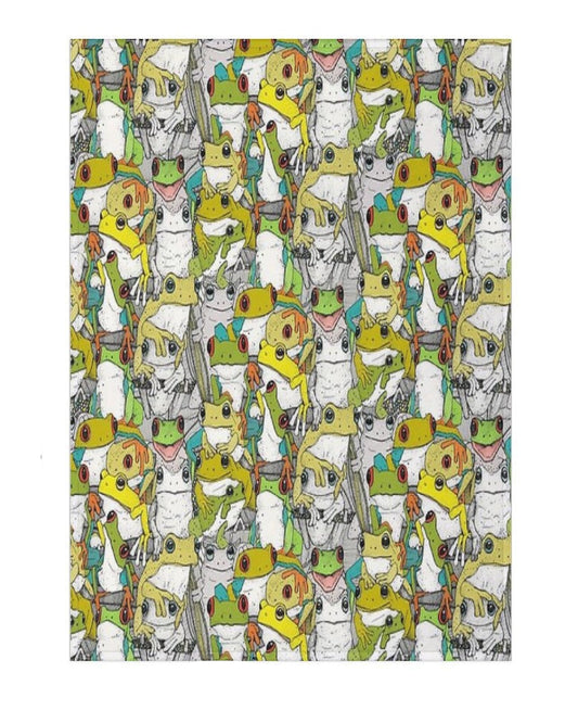 A rectangular fabric or wallpaper sample shown on a white background with dimension markers indicating 30 inches wide and 40 inches tall. The surface features an all-over illustrated pattern of cartoon frogs in green, yellow, orange, and white with black outlines.