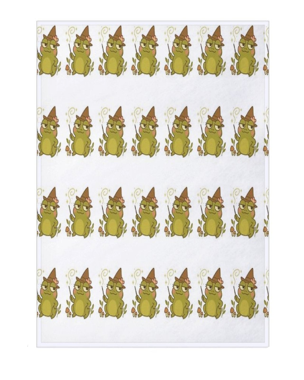 Patterned blanket with cartoon frogs wearing hats on a white background, with dimensions displayed.