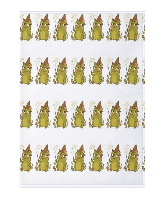 Patterned blanket with cartoon frogs wearing hats on a white background, with dimensions displayed.