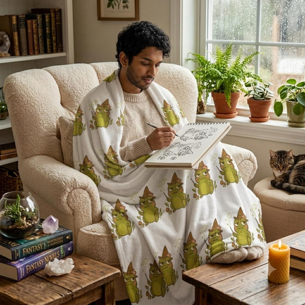 A man sits in a cozy cream-colored armchair by a window, wrapped in a white fleece blanket printed with a repeating pattern of green frogs wearing pointed hats. He is sketching in a notebook, with a cat resting on an ottoman nearby and books and plants around him.