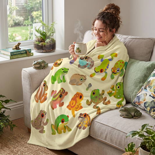 A woman wrapped in a cozy cream-colored blanket printed with colorful cartoon frogs sits on a light gray sofa, holding a steaming mug. The scene is set in a bright, modern living room with a window, plants, and decorative frog figurines.