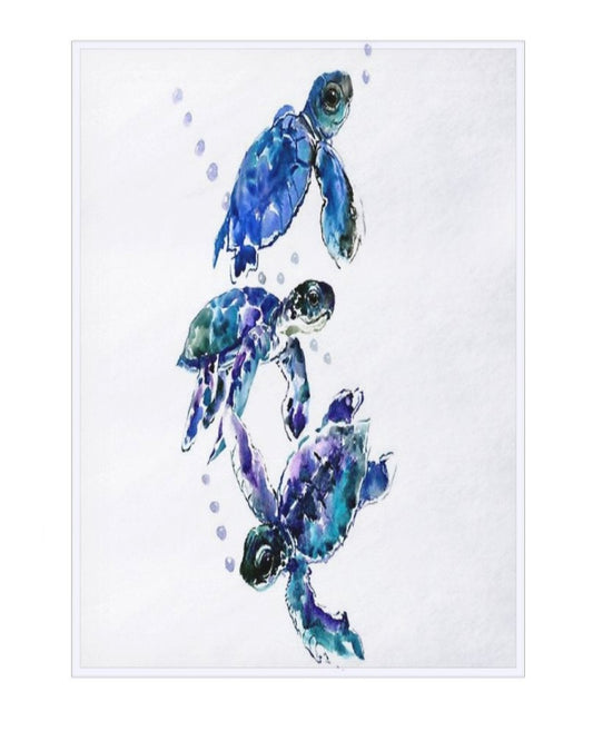 Blue sea turtle illustration with dimensions on a white background