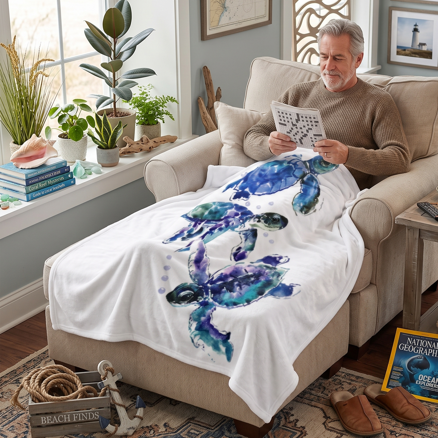 A man sits in a beige armchair in a nautical-themed living room, reading a magazine while covered with a white throw blanket printed with blue and green sea turtles. The room features a wooden table with a lamp, framed seashell and shell art on the walls, and a 'Jolly Roger' book on the floor.