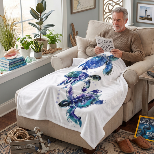 A man sits in a beige armchair in a nautical-themed living room, reading a magazine while covered with a white throw blanket printed with blue and green sea turtles. The room features a wooden table with a lamp, framed seashell and shell art on the walls, and a 'Jolly Roger' book on the floor.